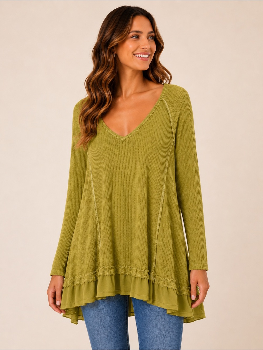 Free People Laguna Thermal Waffle Knit Oversized Tunic Top Green Size L